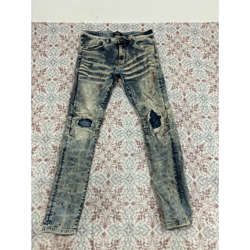 Fork Mens Acid Wash Distressed Moto Slim Jeans Paint Splatter 32x32